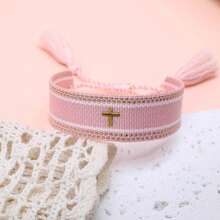 1pc Embroidered Cross Boho Handmade Braided Tassel Bracelet - Baby Pink - View 6
