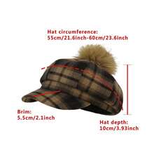 Vintage Octagonal Hat Plaid Beret Autumn And Winter Plush Ball Decor Newsboy Hat For Women - 紅棕色 - 查看 9