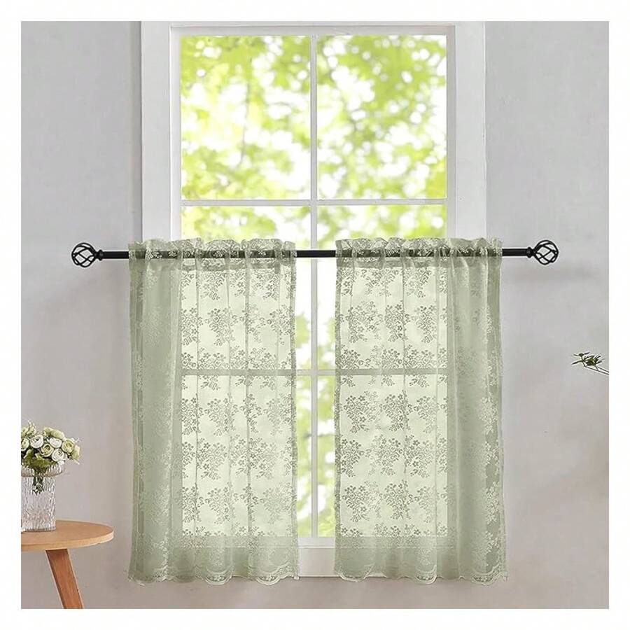 Green 24 Inch Long Boho Short Lace Cafe Curtains For Small Window Light Filtering Scalloped Edges Sheer Tier Curtains For Bathroom Basement Each 26x24 Inch - 多色612 - 查看 1