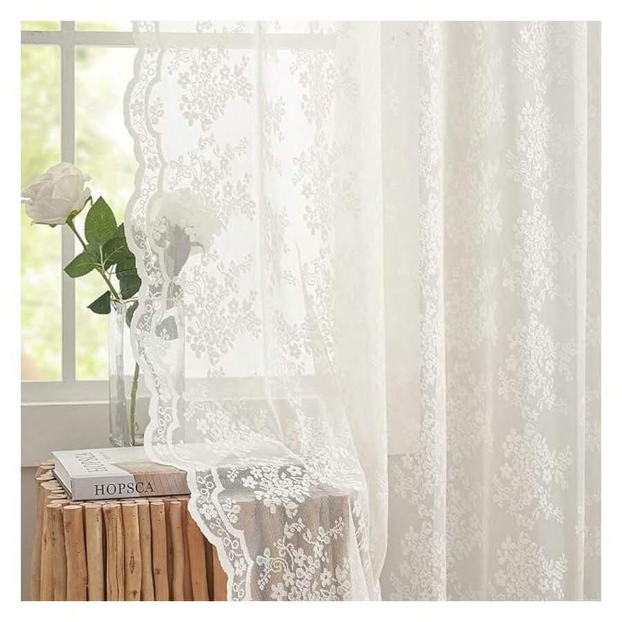 102 Inch Long Lace Curtains Custom LengthFlower Pattern Sheer Drapes Farmhouse IvoryLight Filtering Curtains 102 Length 2 Panelsfor Patio Sliding Door Bedroom ,52x102 Inch - Multicolor 633 - View 1