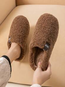 女士毛绒拖鞋，室内保暖防滑软底纯色情侣款，冬季保暖