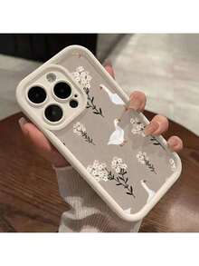 Para IPhone 11 12 13 14 15 16 Plus Pro ProMax XSMAX XS/ X funda de silicona, moda de alta gama, diseño de patrón de pato Floral Funda con impresión HD - Blanco antiguo - Ver 2