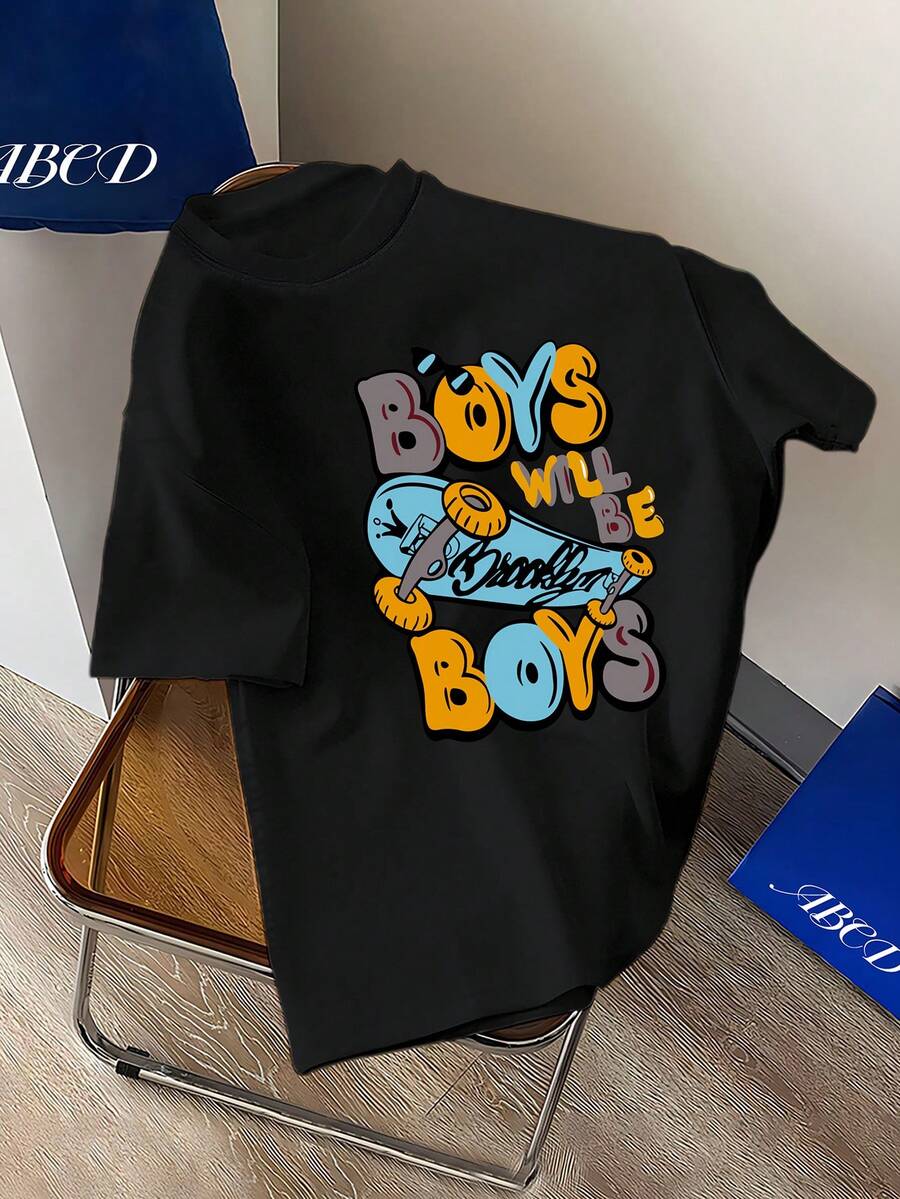 Cartoon Skateboard & Letter Print Round Neck T-Shirt For Young Boy - Black - View 1