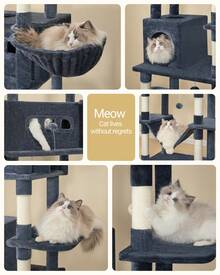 HEXCELEN 82.7-Inch Cat Tree, Large Cat Tower For Indoor Cats, Condo With Perch, Cat House Furniture With 2 Caves, 8 Scratching Posts, Hammock, Pompoms, Washable Cushion, Dark Gray - Màu xám đen - Xem 3