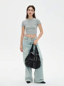 Spacious Women's Vintage Faux Leather Tote Bag - Chic Y2K-Inspired Multi-Pocket Crossbody With Detachable Strap, Zip Closure, Solid Color, Fashionable Shoulder Purse For Everyday Use, Bohemia Style Bag For Women, 2000s Fashion Style Bag For Women, Street & Japanese Bag For Women, New Arrival Tote Bags For Woman