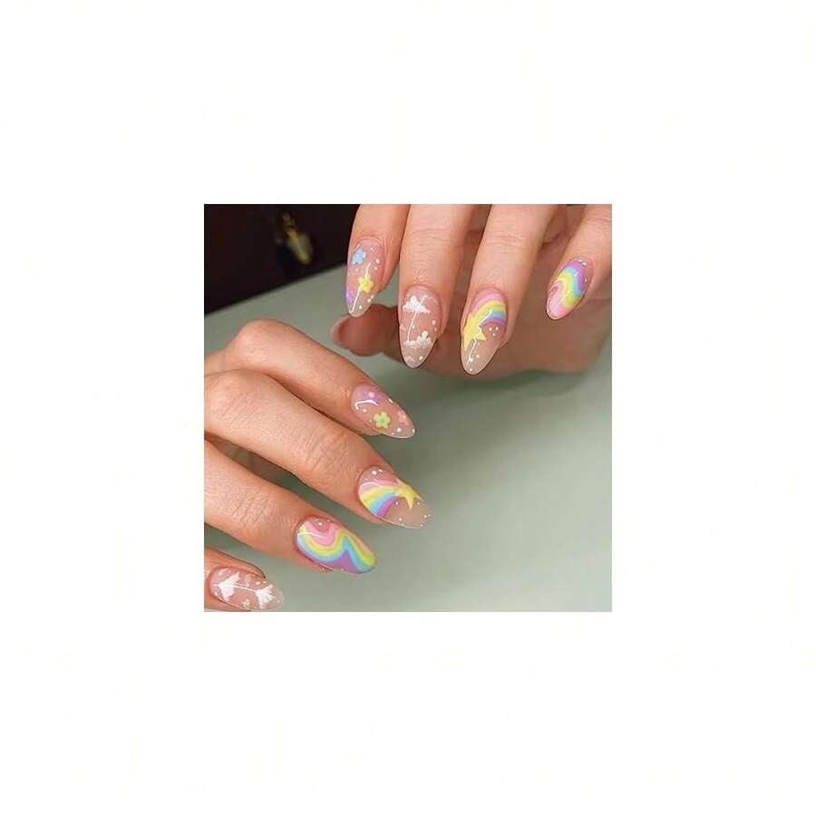 Rainbow Press On Nails Nude False Nails Full Cover Acrylic Cloud Fake Medium Nails For Women And FFgirls 24PCS{Inchcolor_nameinch:InchColor5inch} - 顏色5 - 查看 1