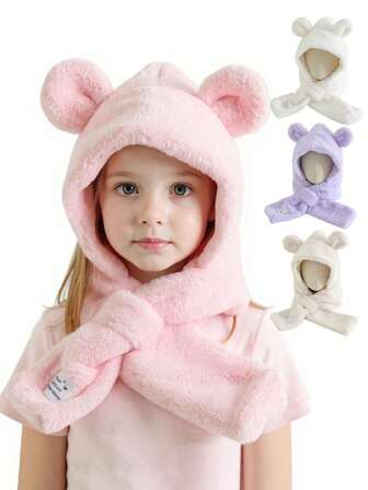 1件装儿童熊耳连帽围巾套装，保暖冬季毛绒帽，适合3-8岁儿童。