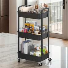 Multi Functional 3/4 Layer Plastic Storage Vehicle With 4 Hooks - Easy To Assemble, Suitable For Snacks, Cosmetics, And Toys - Lightweight Design, Suitable For Bedroom, Living Room, Bathroom Cleaning - Đen 3 lớp - Xem 1
