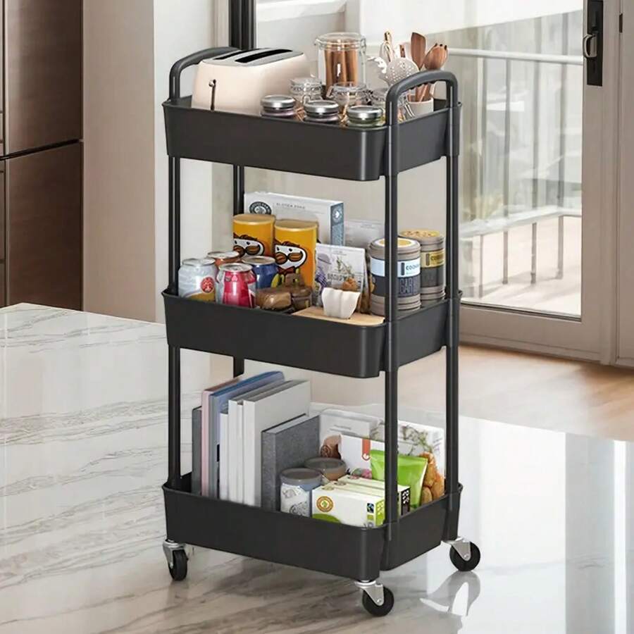 Multi Functional 3/4 Layer Plastic Storage Vehicle With 4 Hooks - Easy To Assemble, Suitable For Snacks, Cosmetics, And Toys - Lightweight Design, Suitable For Bedroom, Living Room, Bathroom Cleaning - Đen 3 lớp - Xem 1
