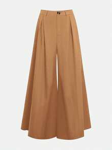 女士纯色口袋阔腿裤，适合日常、返校、聚会、机场、通勤等各种场合，四季皆宜。 - 咖色 - 查看 7