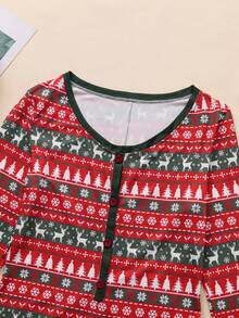 1pc Christmas Random Print Half-Open Collar Long Sleeve Cute Lightweight Jumpsuit Loungewear Set For Women, Spring/Autumn - Multicolor - View 9