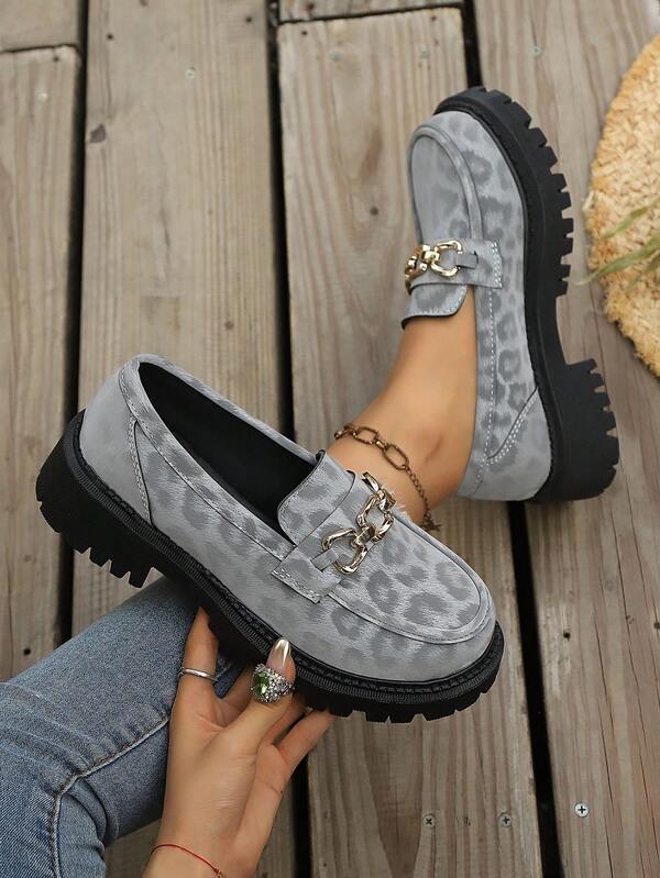 Frühlings-/Herbst-Mode Neue Patchwork Leder Loafer, vielseitige Lässig Pendler Urlaubs Straßen Slip-On Flats, eleganter Damenstil, dekorative Plateau wasserdichte rutschfeste bequeme klassische grau Leoparden Muster Plateau Sohle Schuhe