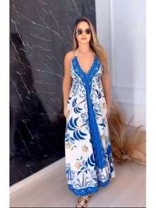 Long  Resort Dress With Deep Neckline And Back Tie - Summer Collection - Women's Fashion - 藍色/黃色 - 查看 2