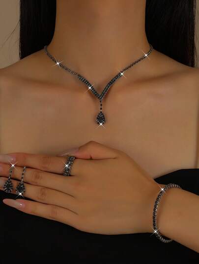 5pcs Women's Jewelry Set - Necklace, Earrings, Bracelet, Ring, Rhombus Pattern, Elegant, Suitable For Party, Wedding