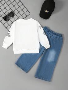 2 piezas Conjunto de sudadera de cuello redondo de manga larga informal y pantalones de mezclilla para niños pequeños, con estampado de letras y animales, adecuado para ocio al aire libre, otoño/invierno