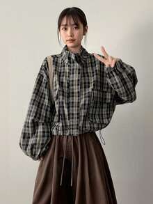 Stylish Plaid Casual Shirt For Women, Versatile Blouse Black - Black - View 2