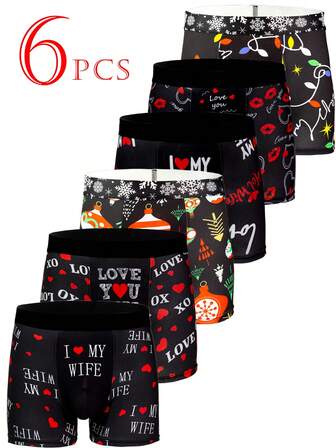 6pcs/Pack Men's Fashion Letter Print Underwear Briefs, Christmas & Valentine's Day Gift For Adult Men, Elastic Boxer Briefs
