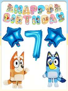 Bluey主题卡通生日派对用品铝膜气球套装横幅横幅气球，小狗生日派对装饰套装横幅横幅气球节日装饰用品，橙色挥手狗和蓝色站立狗，配18英寸蓝色星星，适合生日周年派对装饰 - 彩色 - 查看 13