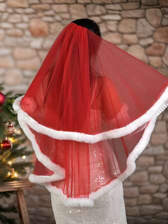 1 röd dubbelskiktsslöja med dekoration av kaninpäls, varma och söta jul- och halloweenaccessoarer för kvinnor