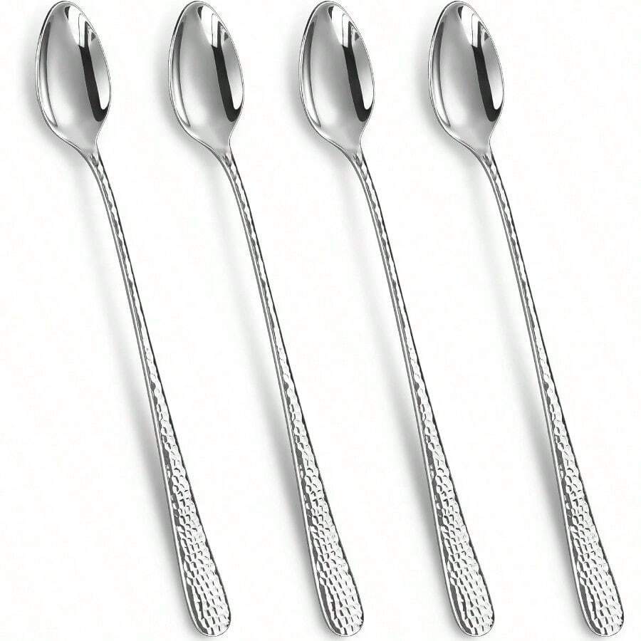 KEAWELL - Cucharas de té helado de mango largo martilladas de alta calidad: juego de 4 piezas/8 piezas acero inoxidable 18/10 cucharaditas cucharas de café pulido brillante con espejo apto para - Plateado - Ver 1