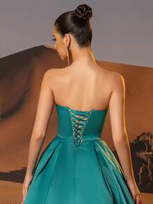 Satin Strapless Prom Dresses With Twist Corset Elegant A Line Floor Length Formal Evening Party Gown For Women Sleeveless Homecoming Dresses For Teen Lace Up Back Ball Gown - Dark Green - View 9