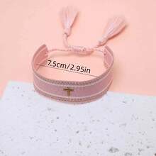 1pc Embroidered Cross Boho Handmade Braided Tassel Bracelet - Baby Pink - View 5
