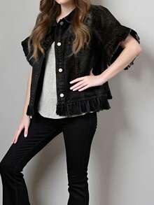 Womens Denim Jacket Casual Button Down Ruffle Short Sleeve Summer Oversized Shirt - Black - View 3