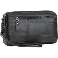 Bolso de mano de piel auténtica unisex, bolso de mano, bolso de mano, bolso para teléfono celular, Mediano Negro - 1 - Ver 1