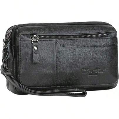 Bolso de mano de piel auténtica unisex, bolso de mano, bolso de mano, bolso para teléfono celular, Mediano Negro