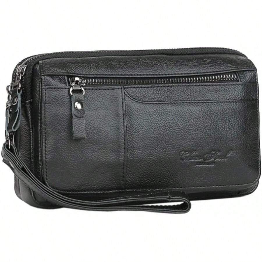 Bolso de mano de piel auténtica unisex, bolso de mano, bolso de mano, bolso para teléfono celular, Mediano Negro - 1 - Ver 1