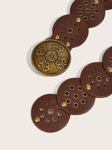 1条西部牛仔波西米亚风女士腰带，波西米亚风腰带，西部腰带，女士腰带，Y2K腰带，Y2K配饰，西部腰带，女士时尚配饰，复古金色雕刻印花金属扣眼铆钉穿孔圆形棕色皮革腰带，连衣裙配饰，适合派对、海滩、音乐节等场合 - 棕色 - 查看 2