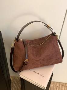 1 Piece Of Pressed Rhombus Suede Handbag Women's Solid Color PU Fabric Shoulder Bag, Retro Fashion Imitation Suede Bowling Bag, Contrast Quilting, Single Handle Zipper Closure, Suitable For Daily Use And Going Out For Shopping And Work - Coffee - View 4