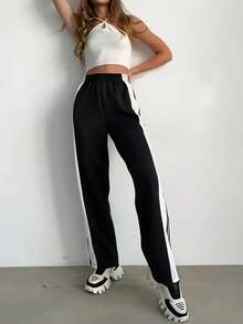 White And Navy Blue Striped Wide Leg Pants, White Stripes, Button Front - Casual Sweatpants, Loose Fit, Suitable For Sports & Everyday Wear (Machine Washable) - Non-Elastic Leg Openings - Black - View 3