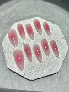 10片甜美性感腮红手工可佩戴美甲简约纯色腮红粉色美甲贴纸长尖椭圆按压式美甲用品（1张果冻贴纸+1个指甲锉） - 西瓜粉 - 查看 3