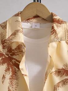 男童休闲时尚植物印花贴布前落肩短袖衬衫上衣和抽绳短裤两件套，夏季 - 棕色 - 查看 3