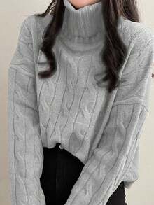 宽松舒适高领女士落肩休闲毛衣 - 淺灰色 - 查看 3