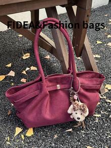 1 Stück Damen Handtasche mit großer Kapazität, Vintage Kunstleder in Burgunderrot, große Kapazität, Gürtel-Dekor, PU-Material Schultertasche, moderner, minimalistischer Retro-Stil, geeignet für Frauen zum Einkaufen, Pendeln, für den täglichen Gebrauch