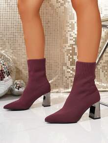 Women's Autumn/Winter New Breathable Slimming High Heel Fashion Boots, Versatile Pointed Toe Chunky Heel Ankle Boots - Burgundy - View 1