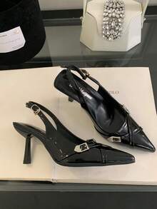 女士尖头高跟凉鞋，时尚踝带低帮细高跟鞋，夏季亮面高跟鞋