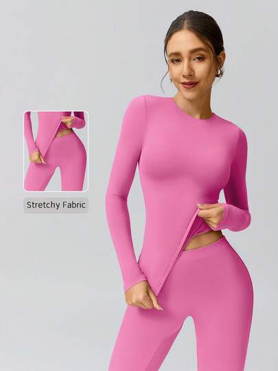 NcmRyu 1 Set Women's Solid Color Crew Neck Shaping Tight Fit Long Sleeve Top And Pants Activewear Set