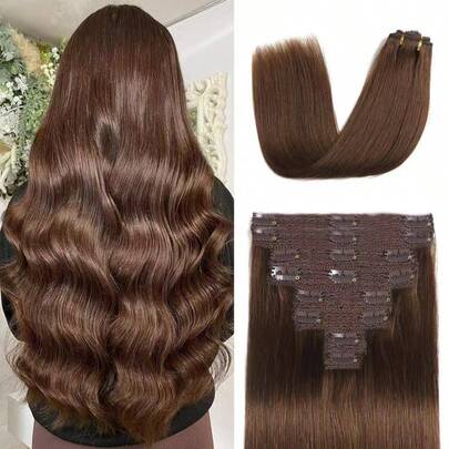 Brown Real Human Hair Clip In Hair Extensions 8Pcs Human Hair Clip In Extensions Straight Remy Human Hair Extensions Clip Ins For Women Long 14-28Inch
