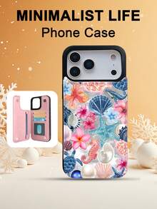1PC Ocean Shell Starfish Seahorse Tropical Flower Summer Vacation Style Phone Case, TPU+PC Dual-Layer Material, Handcrafted Custom Design, Premium Fashionable Faux Leather Flip Wallet Card Holder Cover, Compatible With IPhone 17/16/15/14/13/12/X/PLUS/PRO/PROMAX, Galaxy S25/S24/S23/S22PLUS/Ultra, Waterproof Shockproof Scratch Resistant - 粉色 - 查看 1