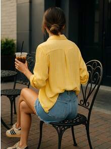 Linen Button-Down Shirt, Beach Cover-Up, Long Sleeves, Striped, Polyester, Button-Down, Vacation, Diary, Travel, Summer. - Kuning - View 2