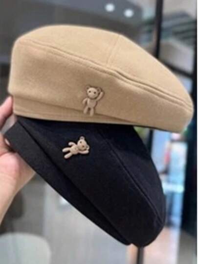 1顶女士复古泰迪熊贝雷帽，复古针织艺术家贝雷帽，适合秋冬季日常保暖防风