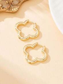 1pair Fashionable & Sweet Geometric Quatrefoil Flower Hollow Stud Earrings, Suitable For Daily Wear Jewelry Gift - Gold - 查看 2