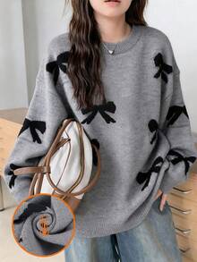 1pc Tween Girls Crew Neck Cute Casual Loose Fit Long Sleeve Knit Sweater, Suitable For Autumn/Winter - Dark Grey - View 5