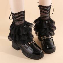 Japanese Style Cute Lolita Lace Trim Leg Warmers Women's Mid-Calf Socks JK Academy Style Bowknot Dress Up Calf Pile Socks - màu đen - Xem 12