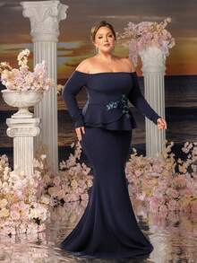 Faeriesty Große Größen Abendkleid für Damen, Off-Shoulder, mit floralen Applikationen, Rüschen an der Taille und Meerjungfrauensilhouette, geeignet für formelle Abendessen, Hochzeitsempfänge, Galaabende, Preisverleihungen und festliche Anlässe, Valentinstag - marineblau - Übersicht 7