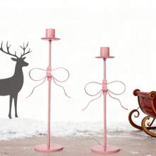 Portavelas cónico con lazo rosa, candelabro decorativo de metal para centros de mesa, decoración para fiestas y eventos navideños - Rosa - Ver 4