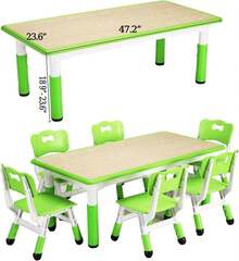 Conjunto de mesa para niños y 6 sillas, mesa para niños pequeños moderna ajustable en altura de 47 pulgadas y conjunto de 6 sillas con patas antideslizantes para escritorio y escritorio con graffiti organizador, mesas de actividades artísticas para preescolar para 6 personas. - Verde - Ver 2